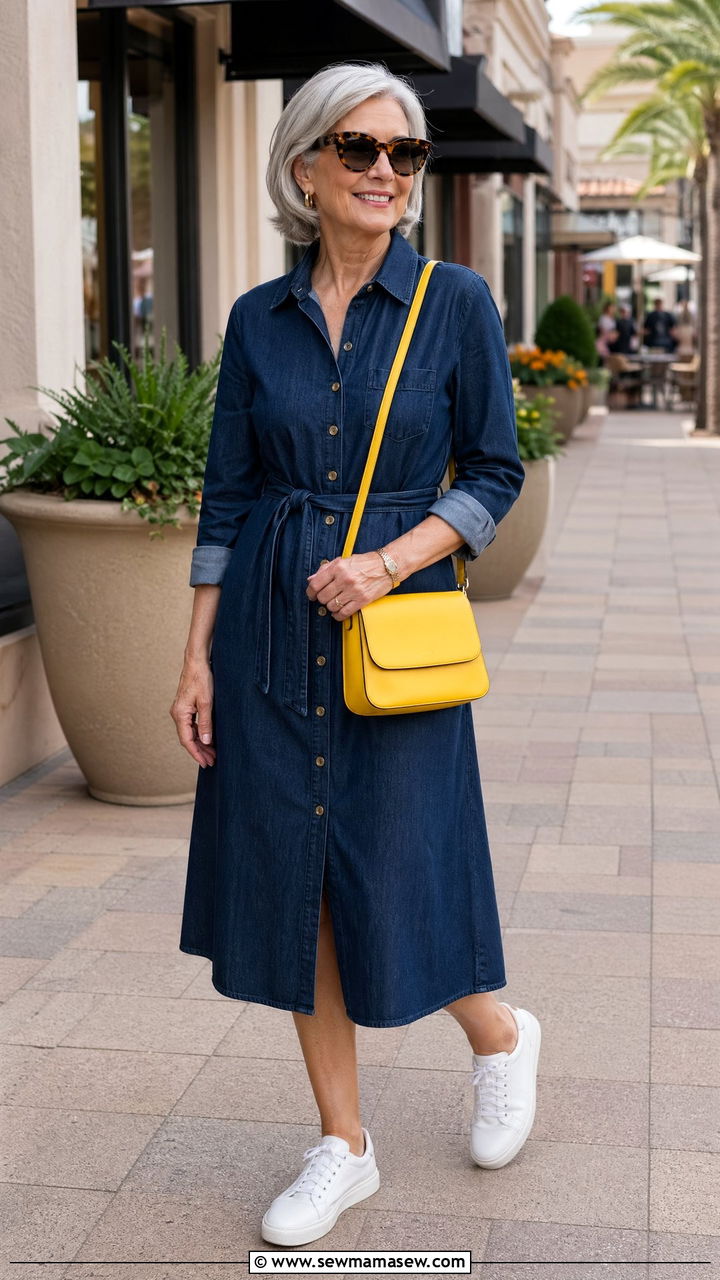 Denim dress with white sneakers outfit - 35 Classy outfit ideas for women over 60