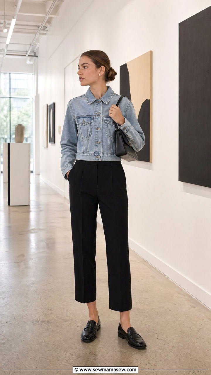 Denim jacket and black tailored trousers outfit - 35 Clean girl spring outfits