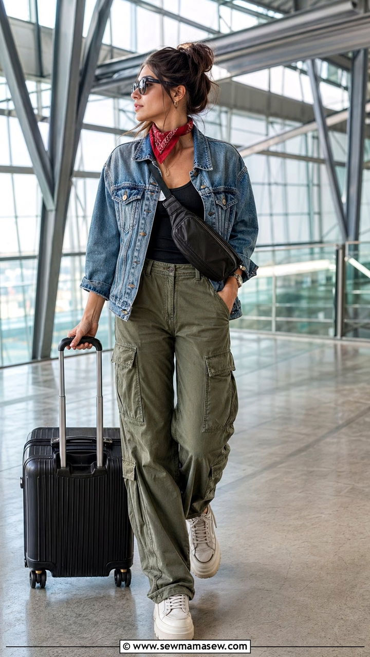 Denim jacket and cargo pants with a bandana scarf - 30 Airport outfit ideas with a scarf
