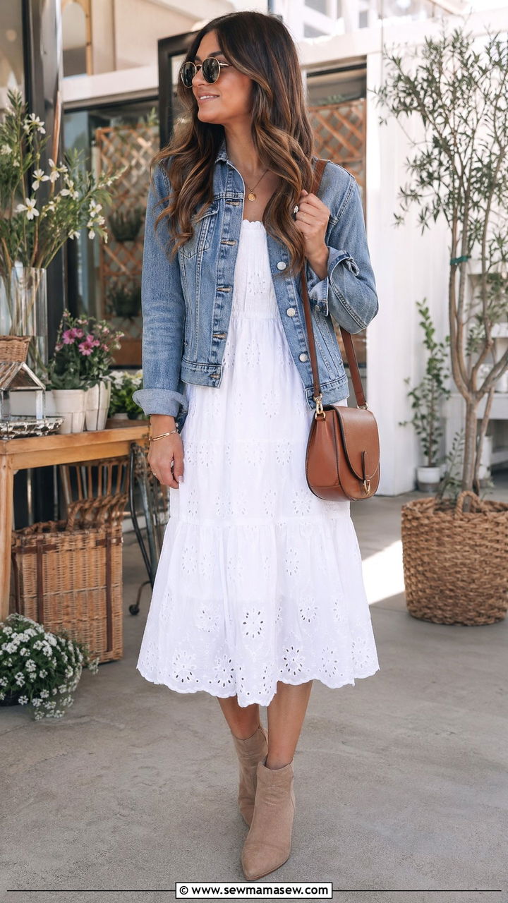 Denim jacket and dress spring outfit - 35 shopping outfit ideas for women