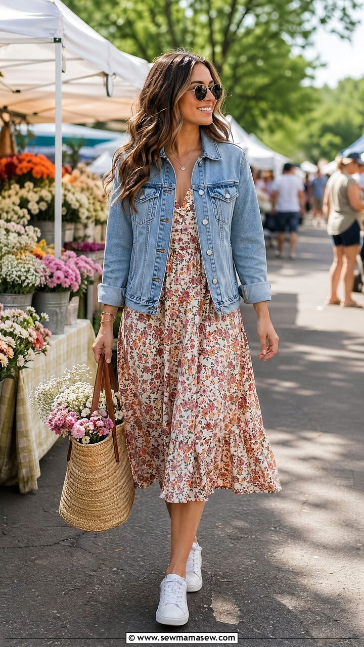 Denim jacket and floral dress spring mom outfit - 35 Spring capsule wardrobe for moms