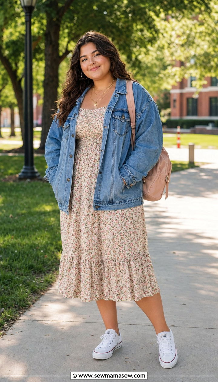 Denim jacket and floral midi dress outfit - 30 Back to school outfit ideas plus size teens