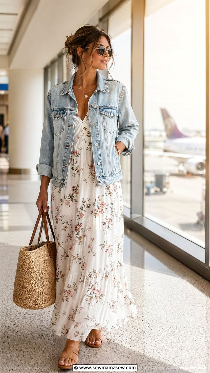 Denim jacket and maxi dress airport outfit - 35 chic airport outfits for women