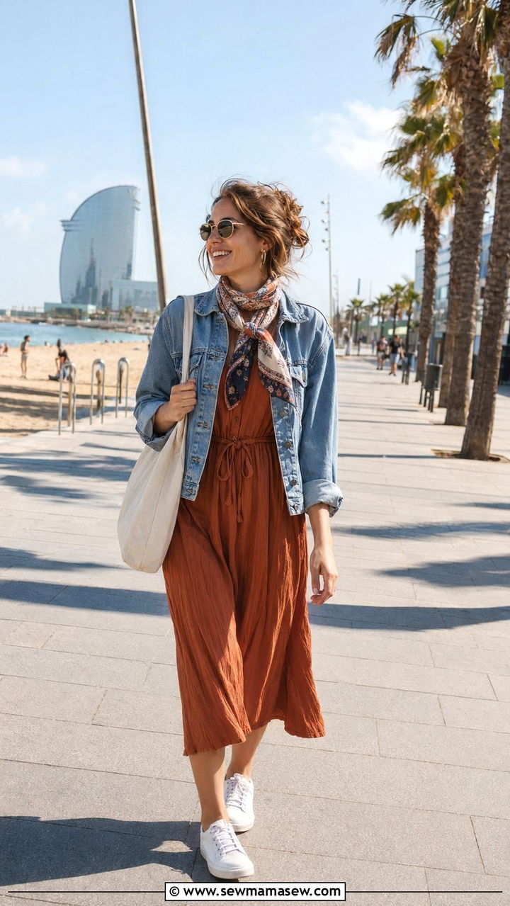 Denim jacket and midi dress outfit Barcelona - 30 Barcelona vacation outfit ideas