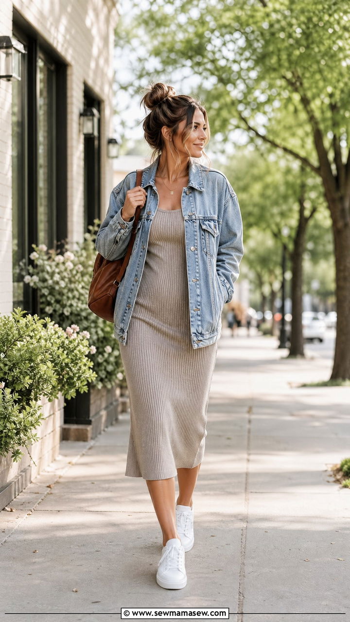 Denim jacket and midi dress outfit - 35 Comfy outfits for moms