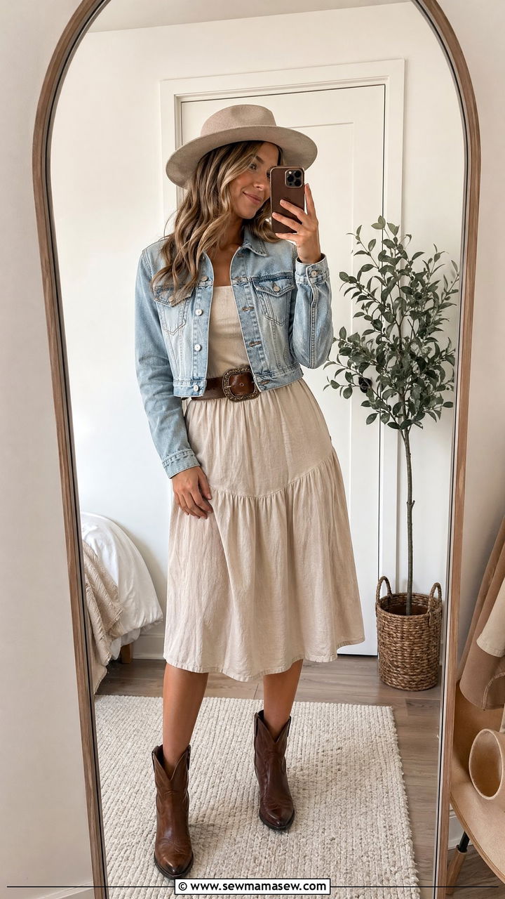 Denim jacket and midi dress - 35 Country concert outfits