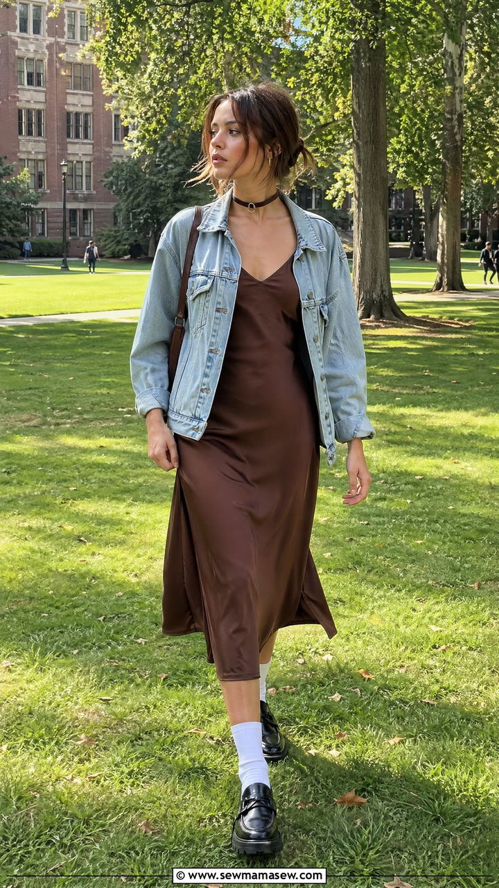 Denim jacket and midi slip dress outfit - 35 College campus outfit ideas