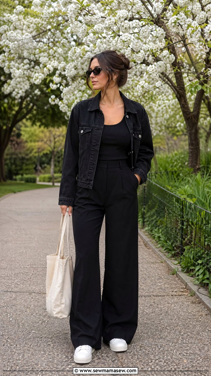 Denim jacket and trousers spring all black outfit - 35 spring all black outfit ideas