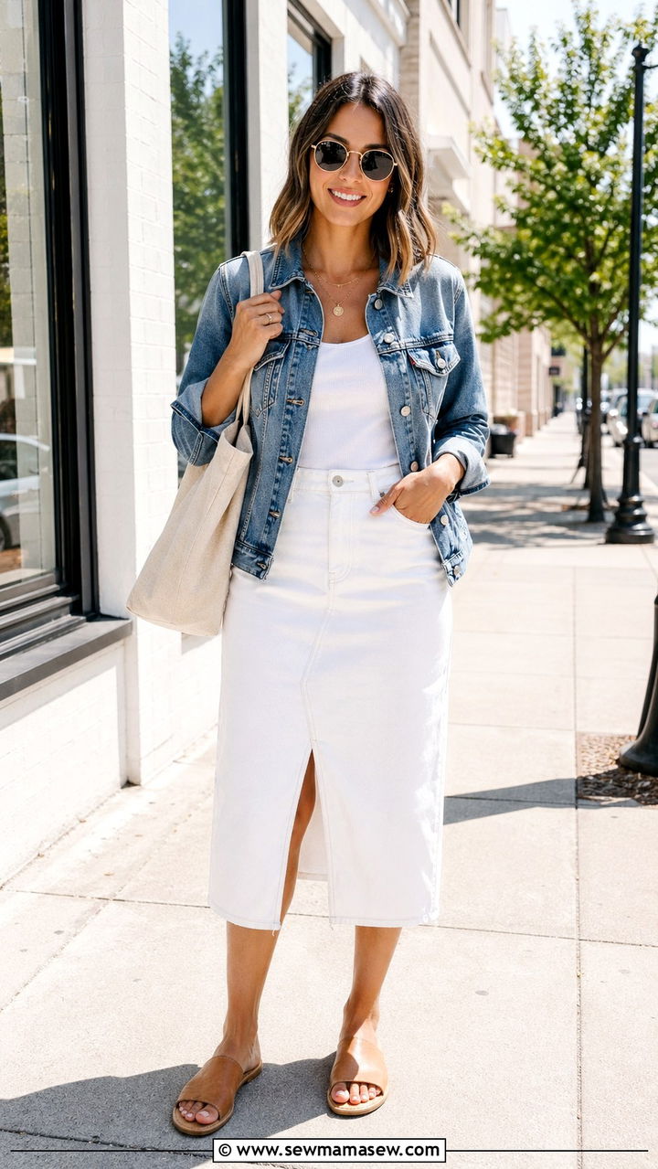 Denim jacket and white denim skirt spring capsule outfit - 30 spring capsule wardrobe outfits