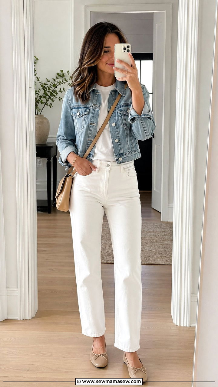 Denim jacket and white jeans spring look - 35 spring clean girl outfits