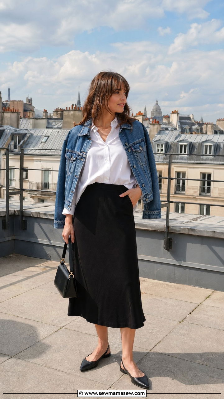 Denim jacket draped over a black midi skirt and button down - 35 transitional french girl outfit ideas