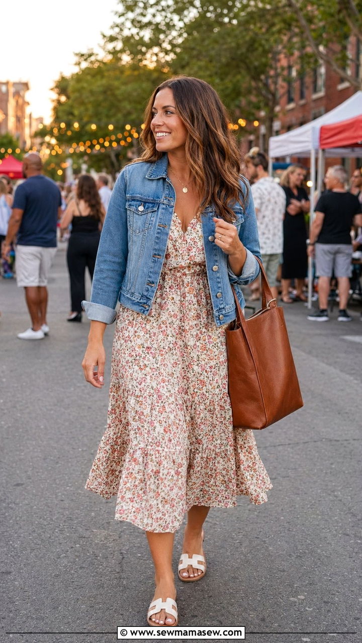 Denim jacket layered over a floral midi dress - 30 Block party outfit ideas