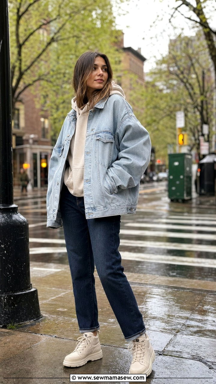 Denim jacket layered over a hoodie with dark jeans - 30 April showers outfit ideas