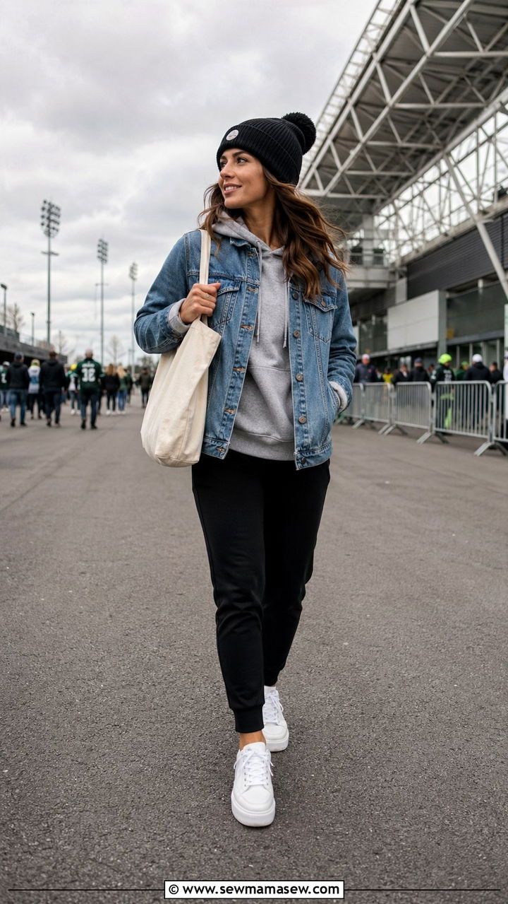 Denim jacket layered over a hoodie with joggers outfit - 30 Soccer game outfit ideas