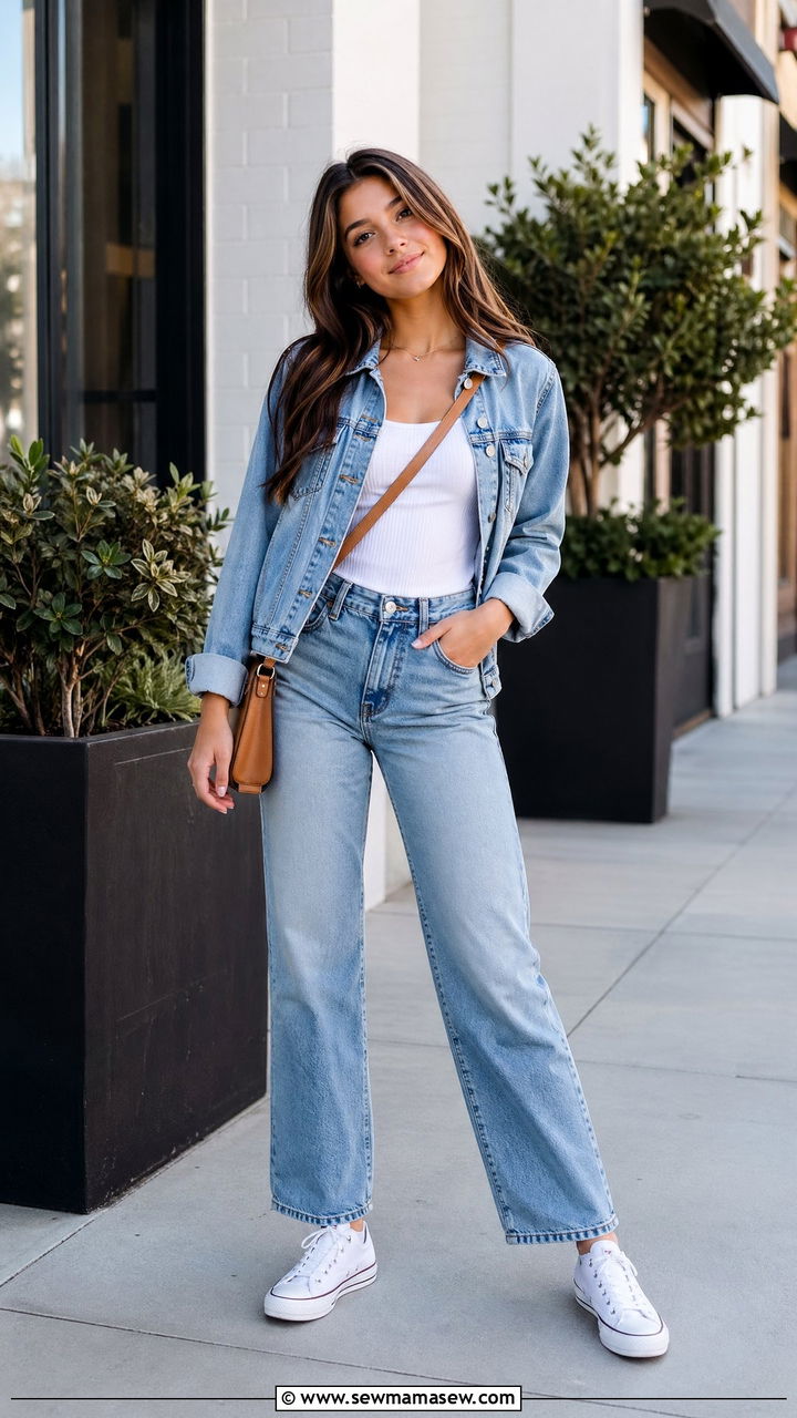 Denim jacket layered over a white tee with straight leg jeans - 35 Spring outfits for teens