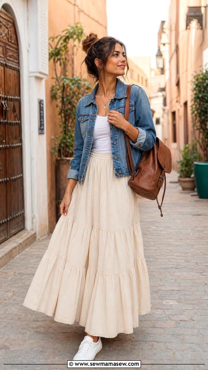 Denim jacket layered over tiered maxi skirt - 35 Morocco vacation outfit ideas