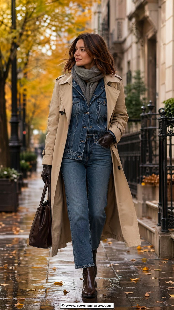 Denim jacket layered under a trench coat - 35 denim jacket outfit ideas for women