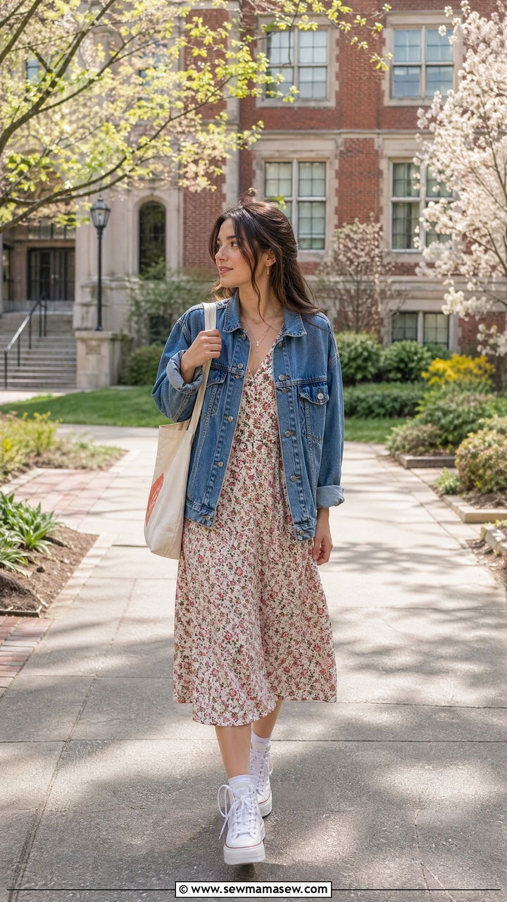 Denim jacket over a floral midi dress - 35 casual school outfits