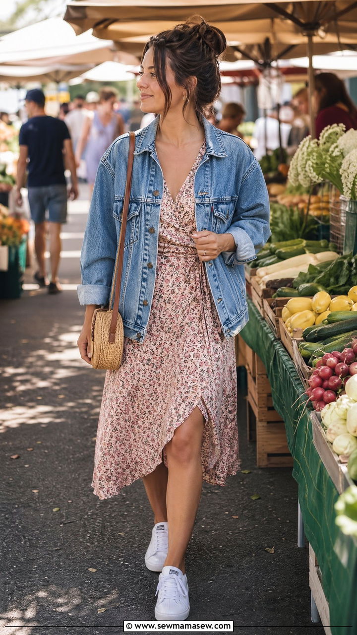 Denim jacket over a floral midi dress - 35 spring effortless chic outfit ideas
