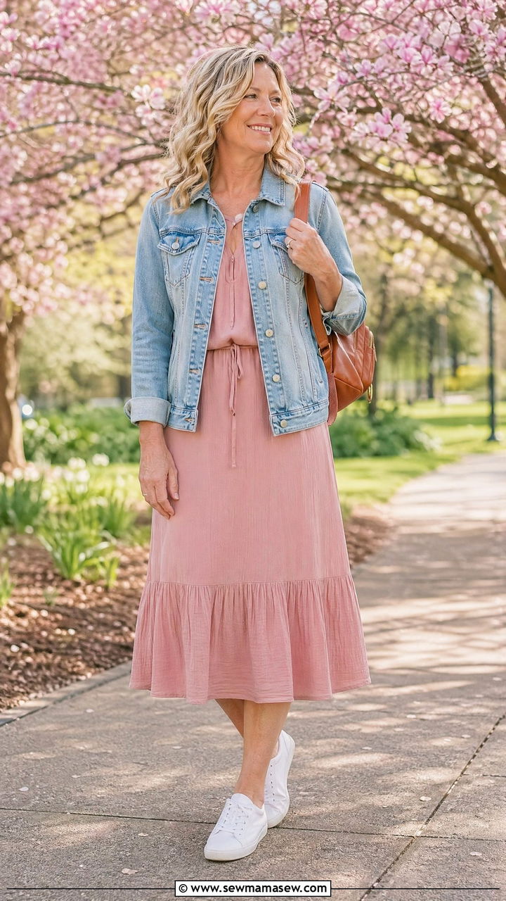 Denim jacket over a midi dress - 35 What to wear in spring for women over 40