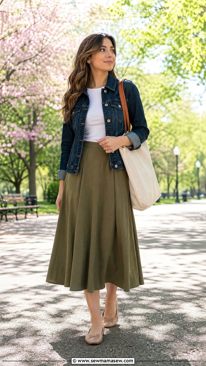 Denim jacket over a midi skirt with ballet flats - 35 Spring business casual outfits for women