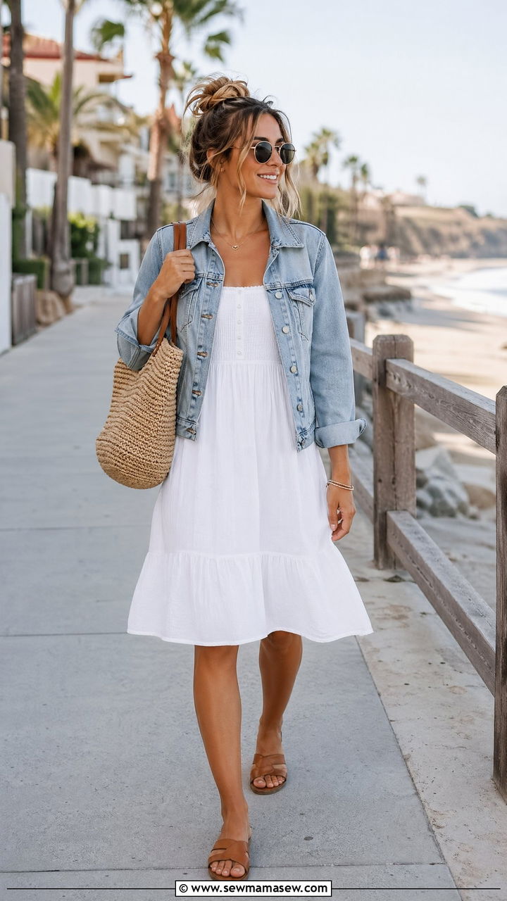 Denim jacket over a sundress - 35 denim jacket outfit ideas for women