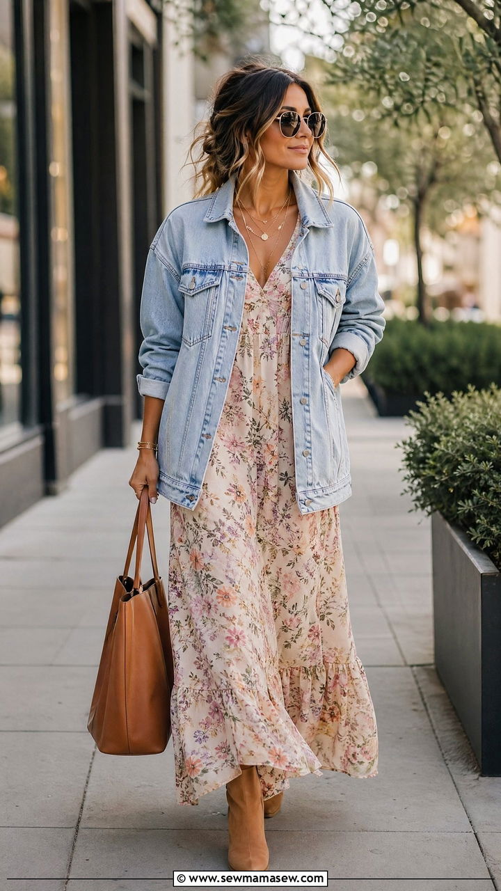 Denim jacket over floral maxi dress - 35 Western spring outfits