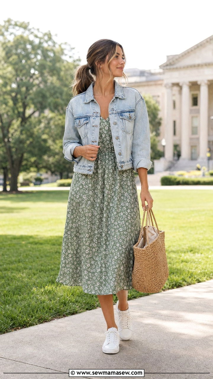 Denim jacket over floral midi dress outfit - 30 back to school outfits for women