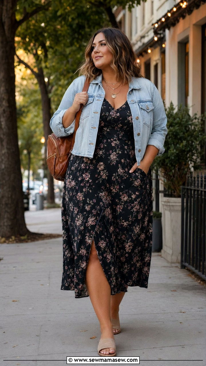 Denim jacket over floral slip dress - 35 Plus size outfit ideas size 18 summer