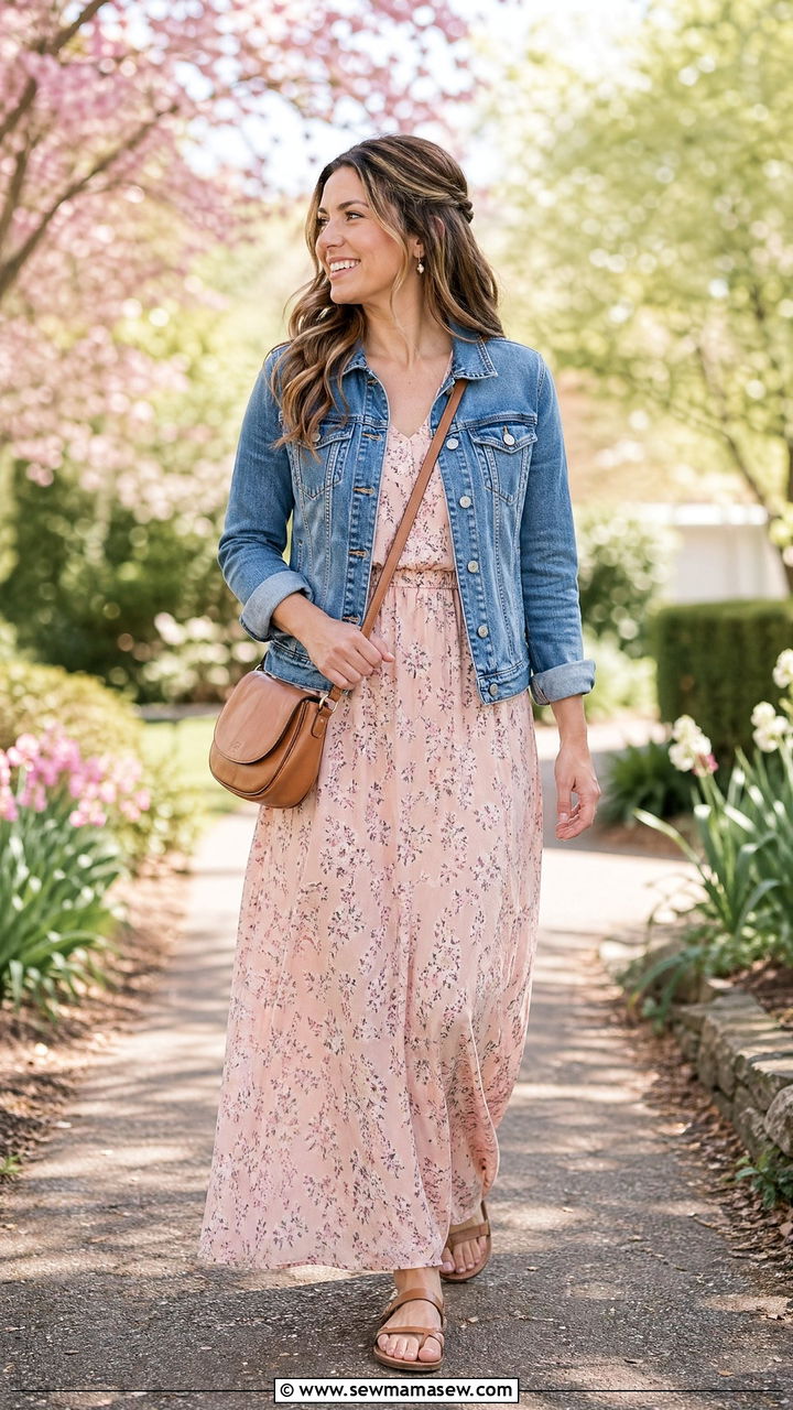 Denim jacket over maxi dress - 35 Teacher outfits for spring
