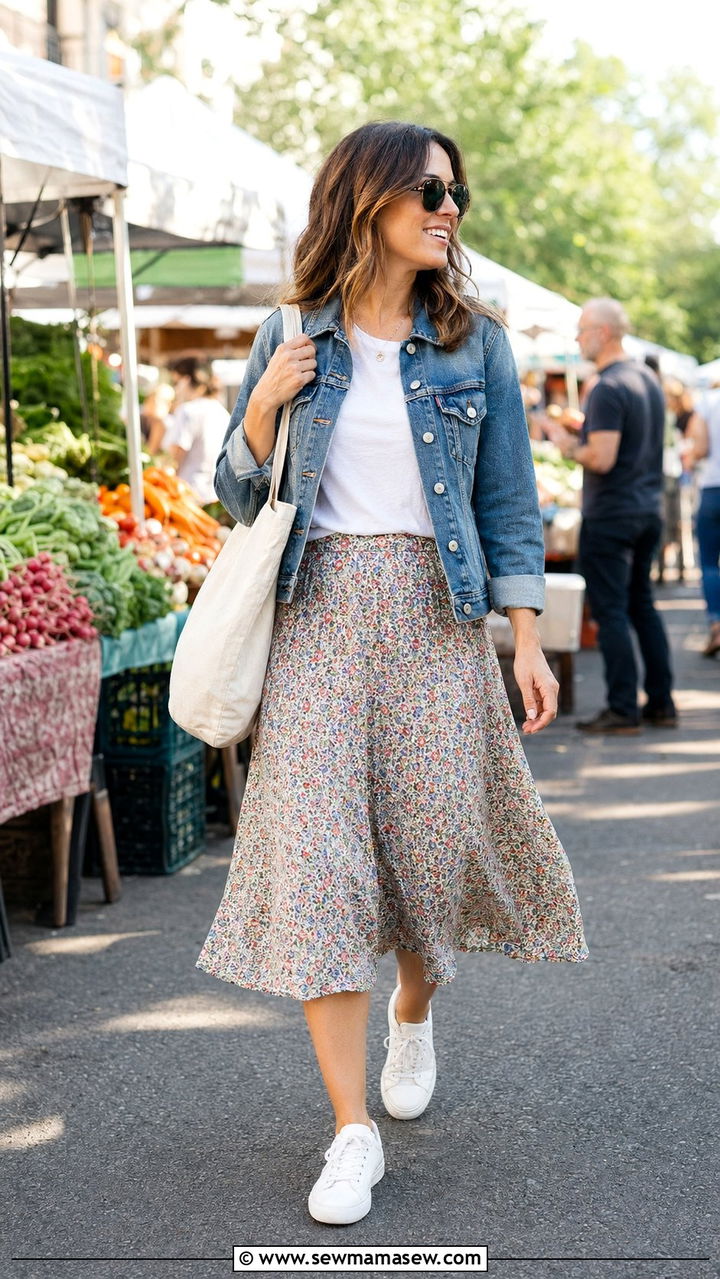 Denim jacket with A line skirt and white tee - 30 A line skirt outfit ideas