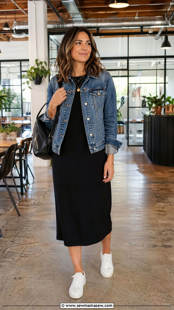 Denim jacket with a black midi dress and white sneakers - 35 Consultant outfit ideas