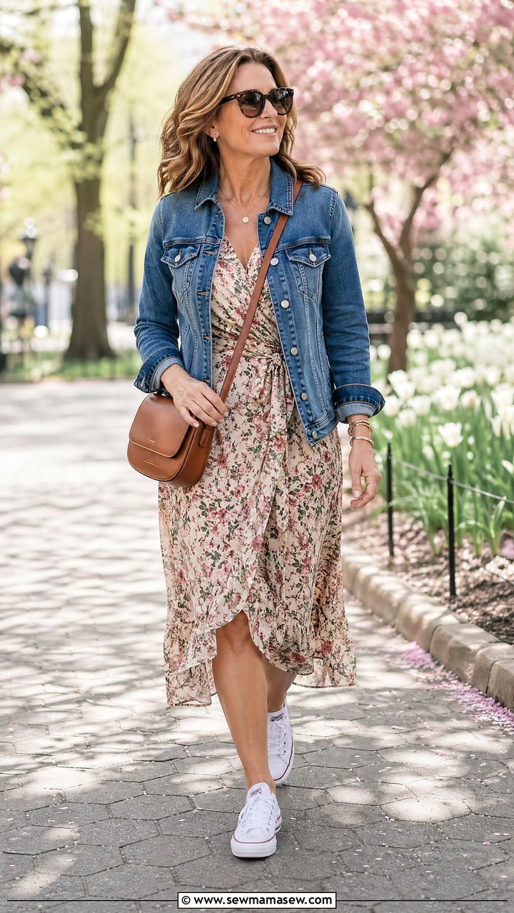 Denim jacket with a floral midi dress - 35 Casual outfits for women over 40