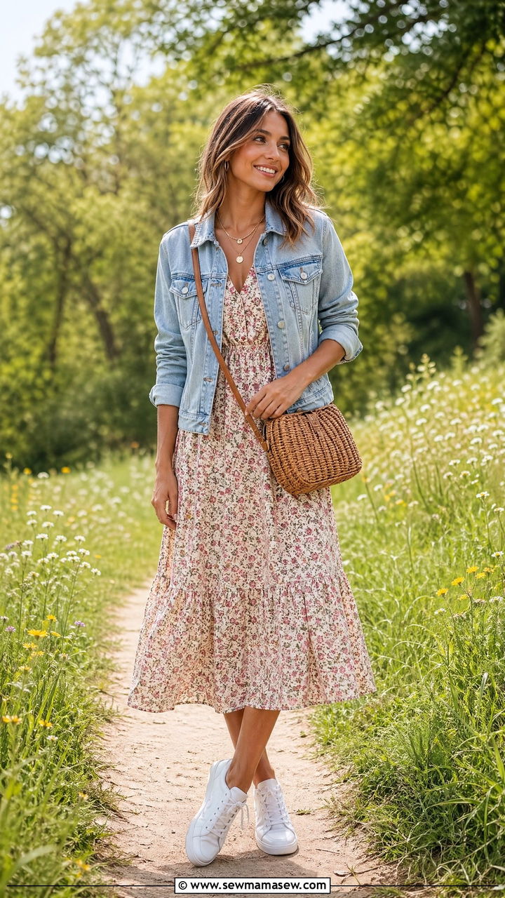 Denim jacket with a midi dress outfit - 35 Smart casual outfit ideas for women