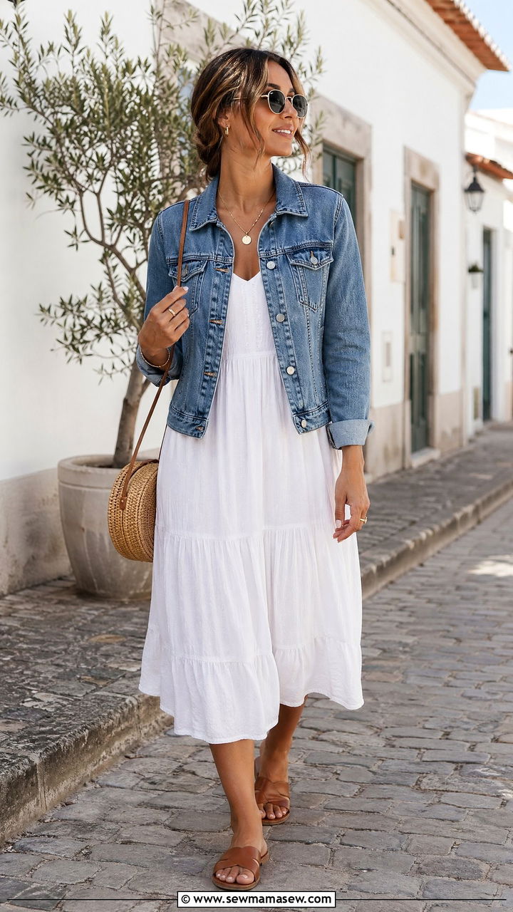 Denim jacket with a white midi dress and sandals - 35 chic outfit ideas for women