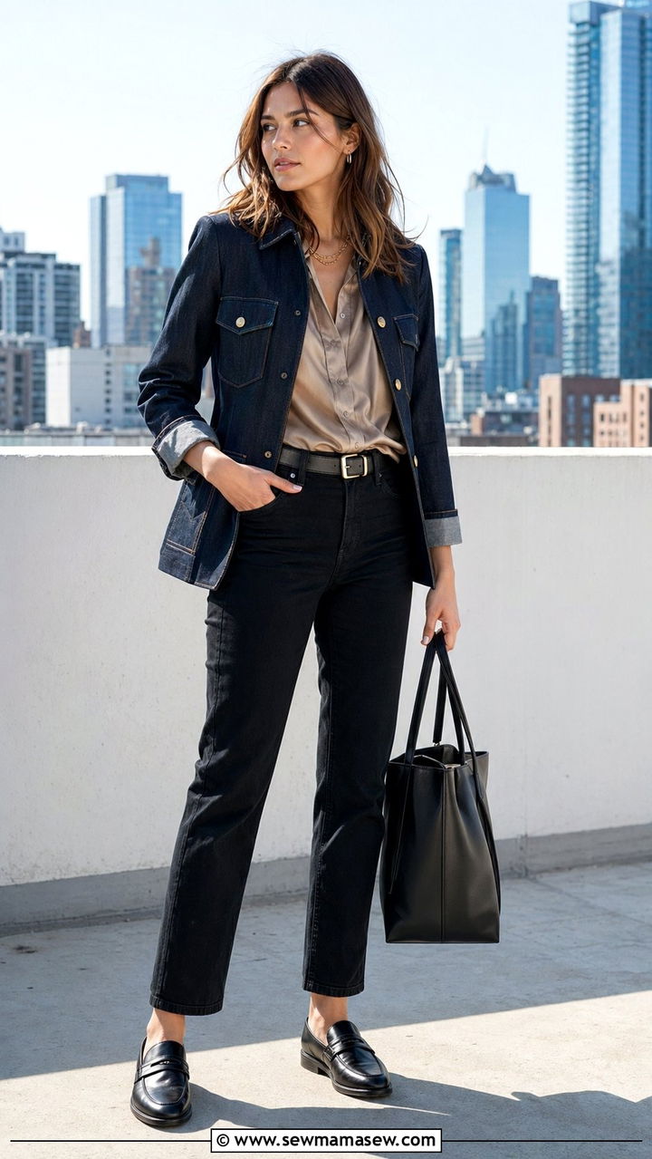 Denim jacket with black jeans work look - 30 Work outfits with jeans