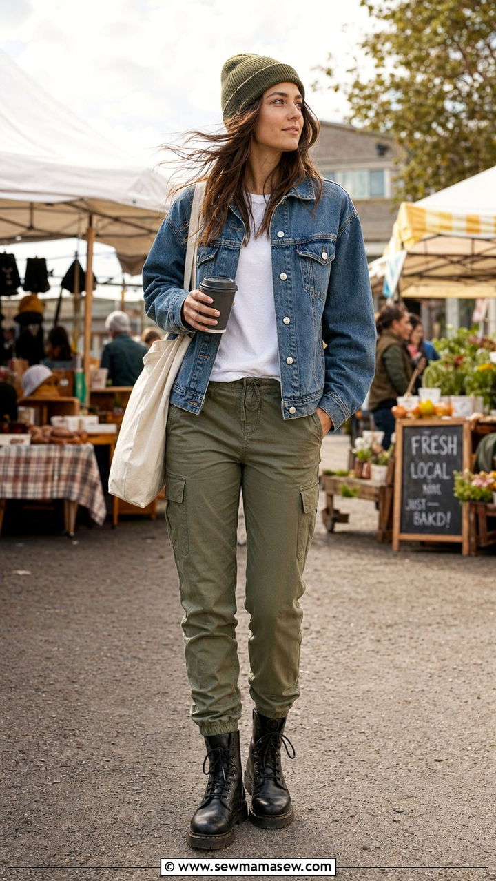 Denim jacket with cargo pants and combat boots - 30 windy day outfits inspo