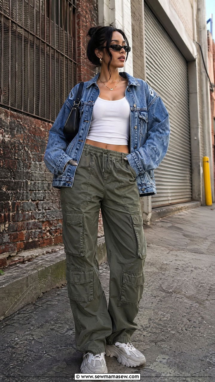 Denim jacket with cargo pants and fitted tank - 35 Summer outfits with denim jackets