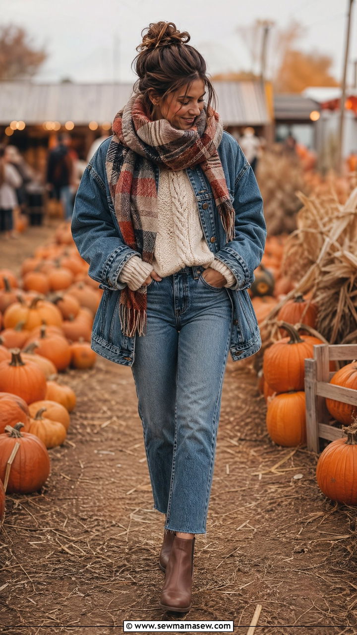 Denim jacket with chunky knit sweater and jeans - 35 denim jacket outfit ideas for women
