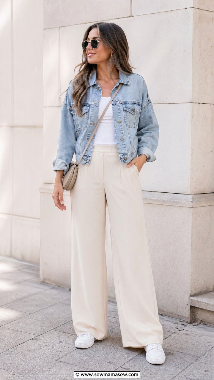 Denim jacket with cream trousers spring outfit - 35 spring comfy outfit ideas