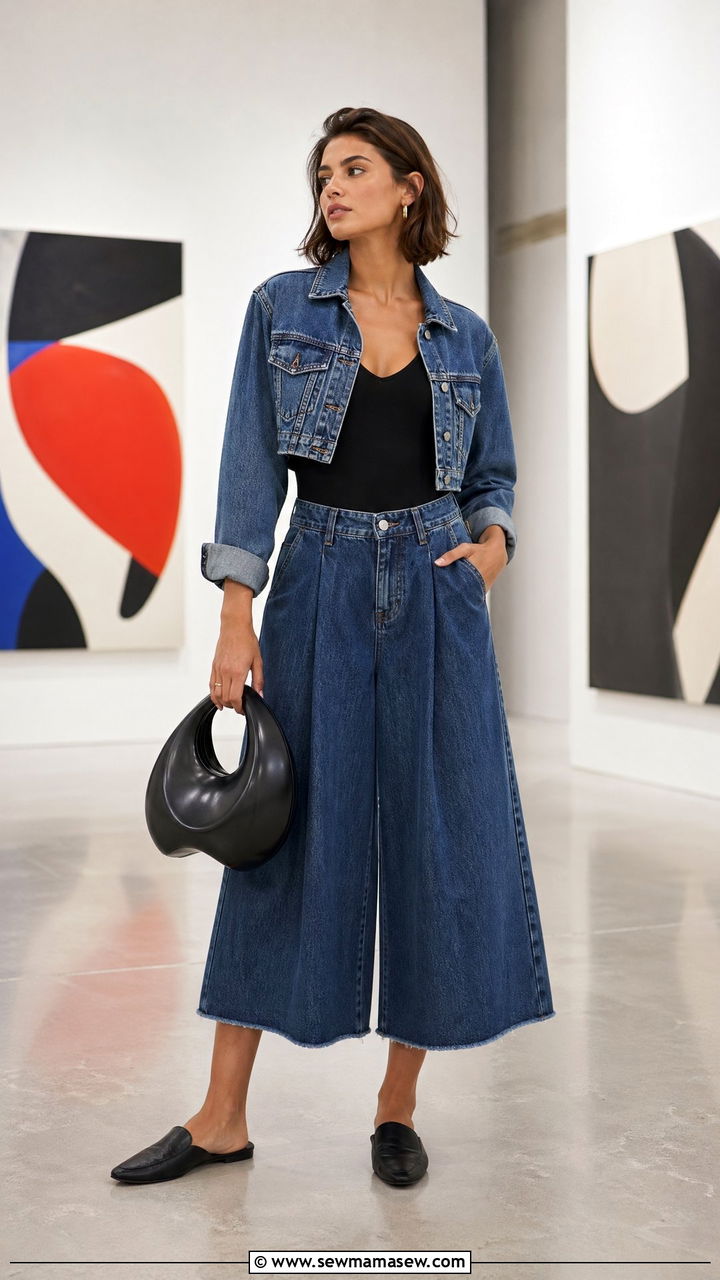 Denim jacket with culottes and bodysuit - 35 Summer outfits with denim jackets