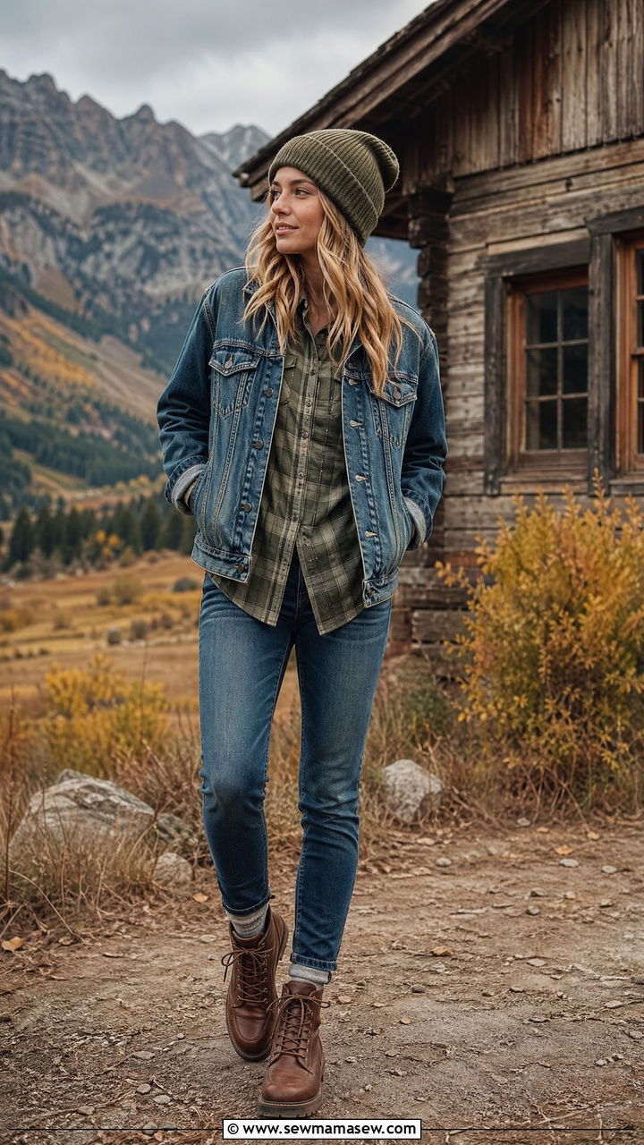 Denim jacket with flannel shirt and jeans - 35 denim jacket outfit ideas for women