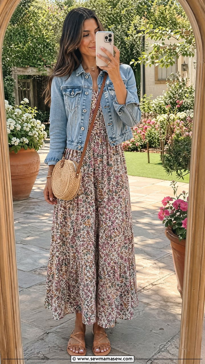 Denim jacket with floral maxi dress - 35 denim jacket outfit ideas for women