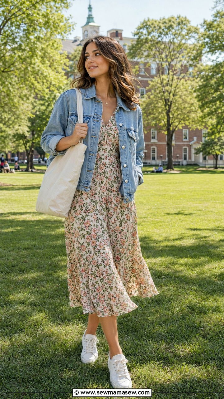 Denim jacket with floral maxi dress - 35 school outfit ideas for women