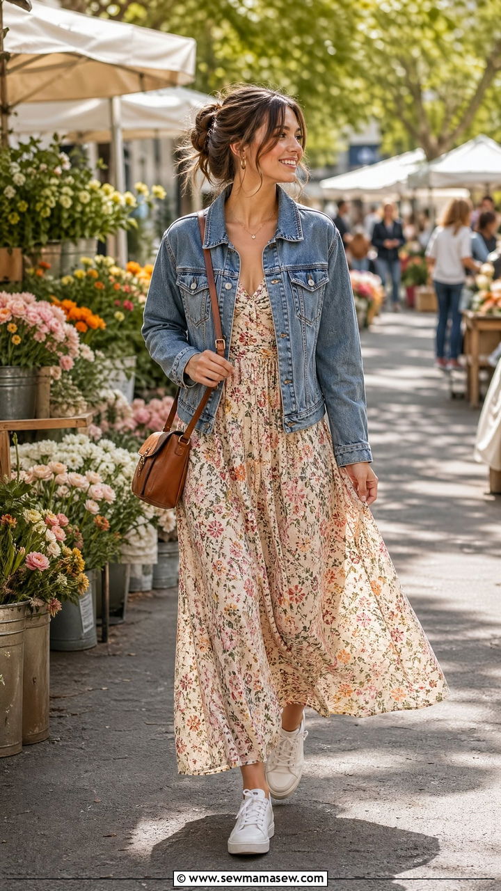 Denim jacket with floral maxi dress - 35 spring simple outfit ideas