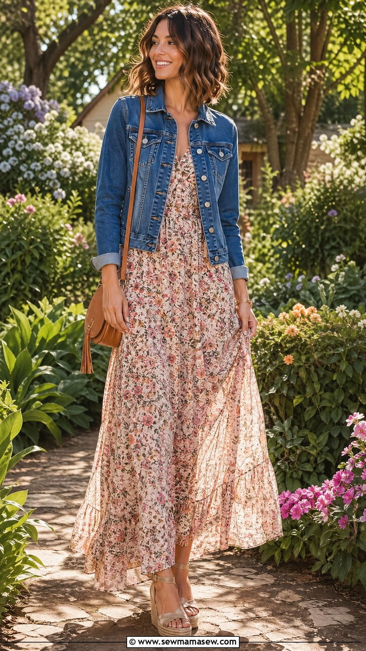 Denim jacket with floral maxi dress - 35 Summer outfits with denim jackets