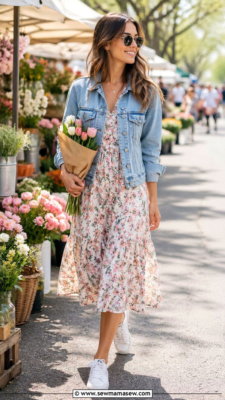 Denim jacket with floral midi dress - 30 Spring layering outfits