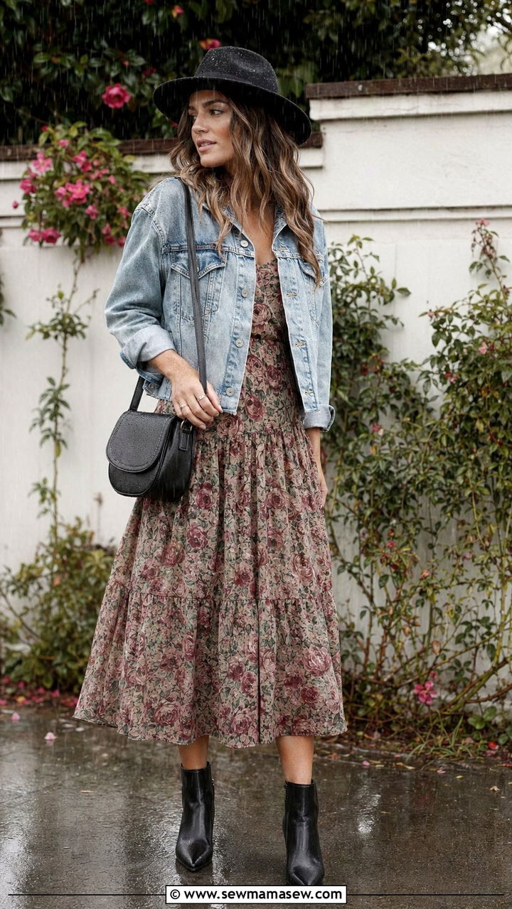 Denim jacket with floral midi dress and ankle boots - 35 rainy day outfits for women
