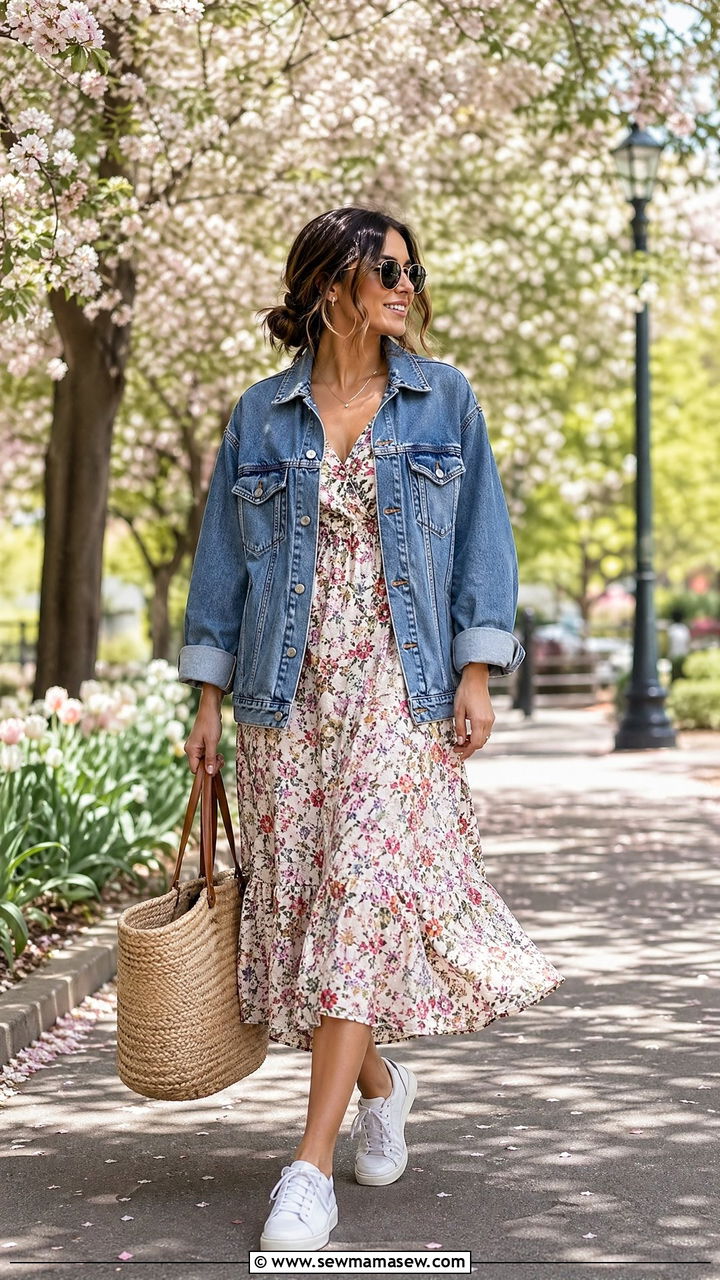Denim jacket with floral midi dress and white sneakers - 35 Transitional wardrobe ideas