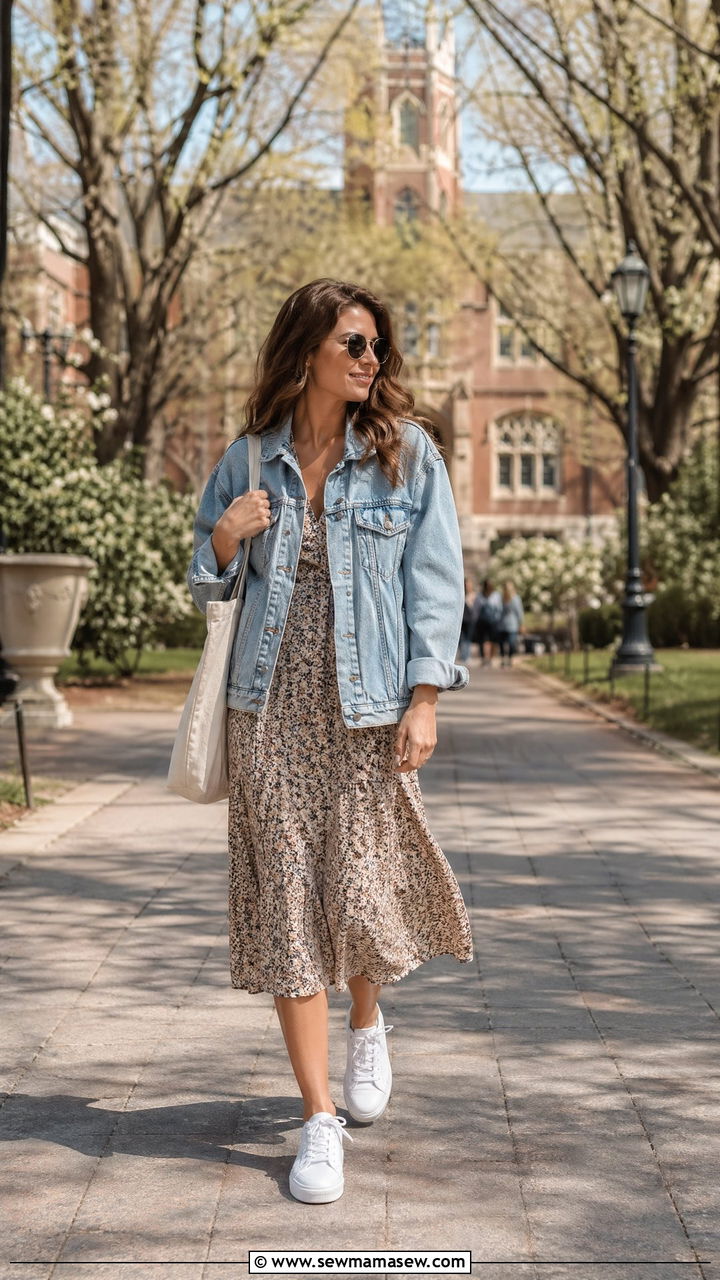 Denim jacket with floral midi dress and white sneakers - 35 cute college outfits